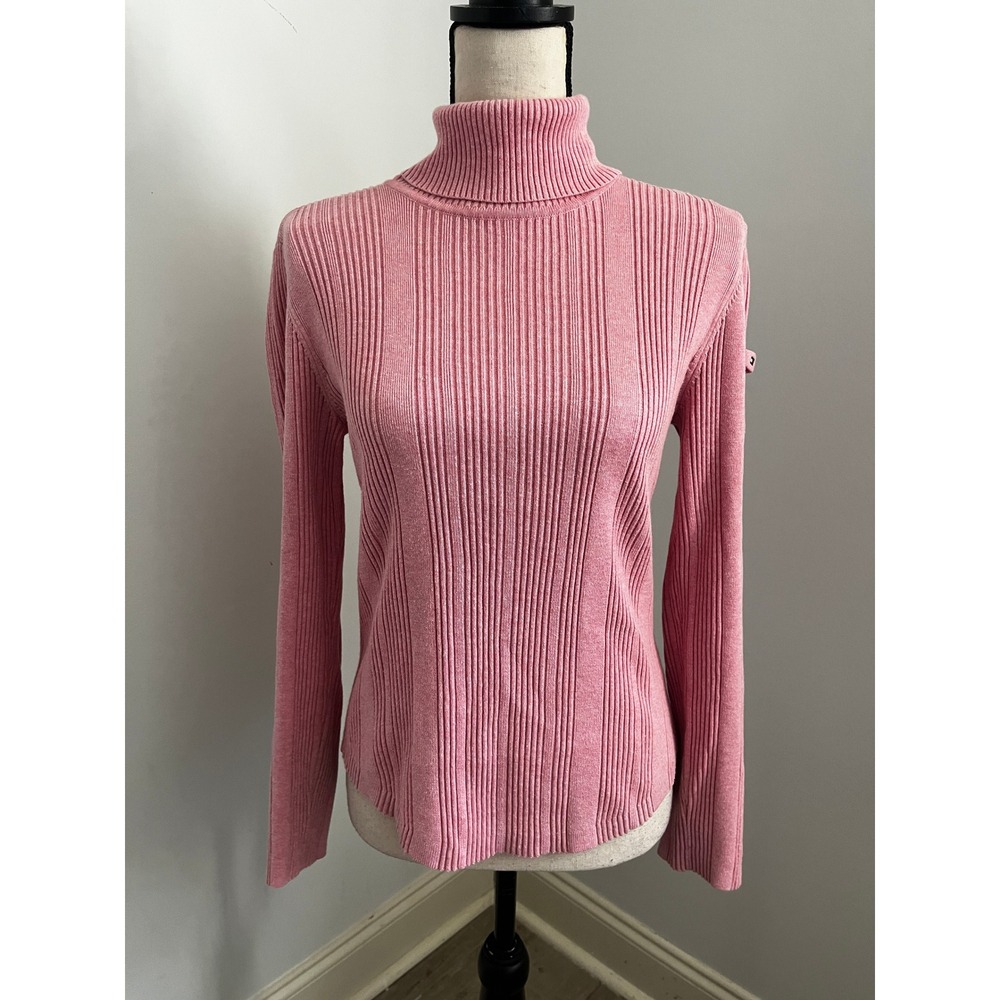 Vtg Tommy Hilfiger Pink Ribbed Turtleneck Sweater Medium Cotton Y2K Tennis Prep
